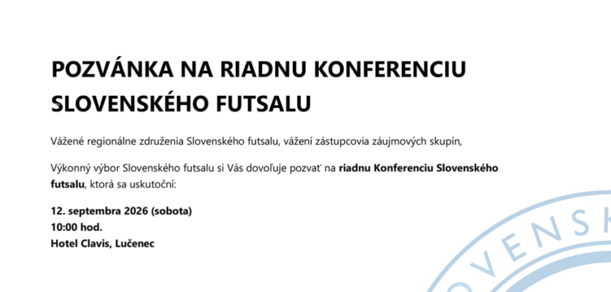 Riadna konferencia Slovenského futsalu sa uskutoční 12.septembra 2026 v Lučenci